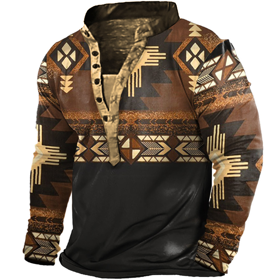 

Men's Vintage Ethnic Print Henley Collar Long Sleeve T-Shirt