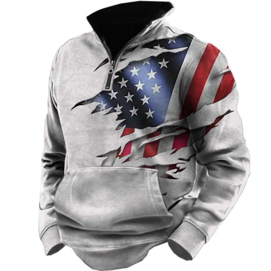 

Men's Vintage American Flag Pocket Zip Stand Collar Sweatshirt