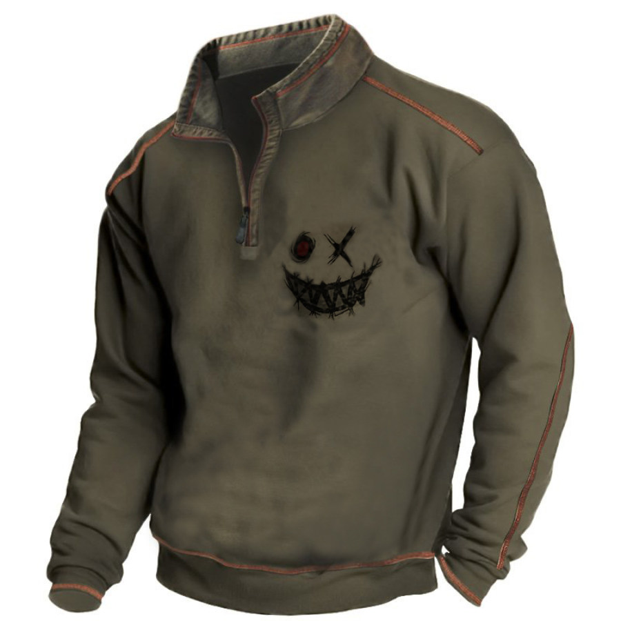 

Men's Retro Casual Warm Classic Devil Smiley Print Long Sleeve Stand Collar Sweatshirt