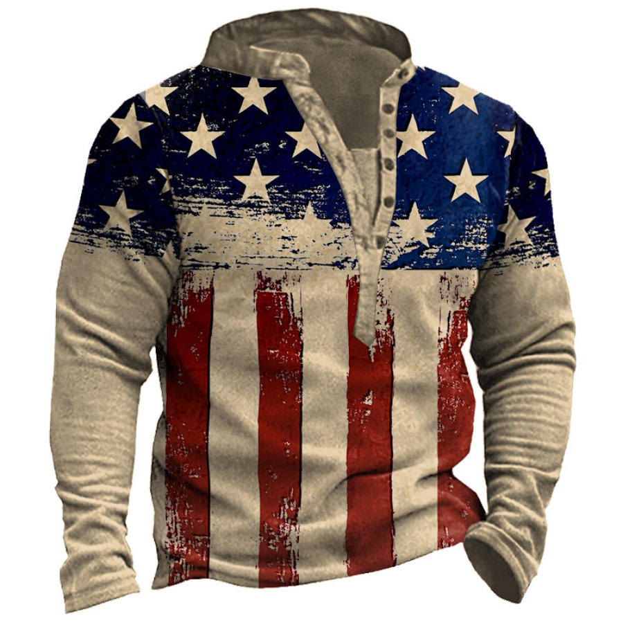 

Men's Vintage American Flag Print Henley Sweatshirt