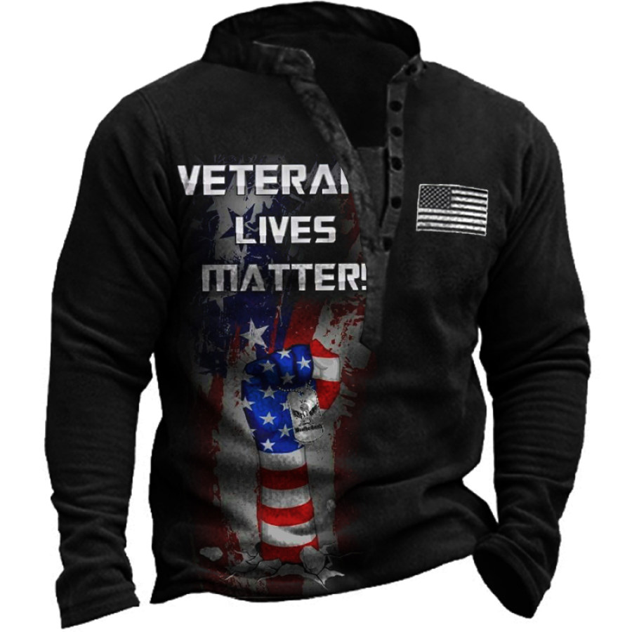 

Veteran Live Matter Men's Veteran Flag Print Henley Collar Sweatshirt