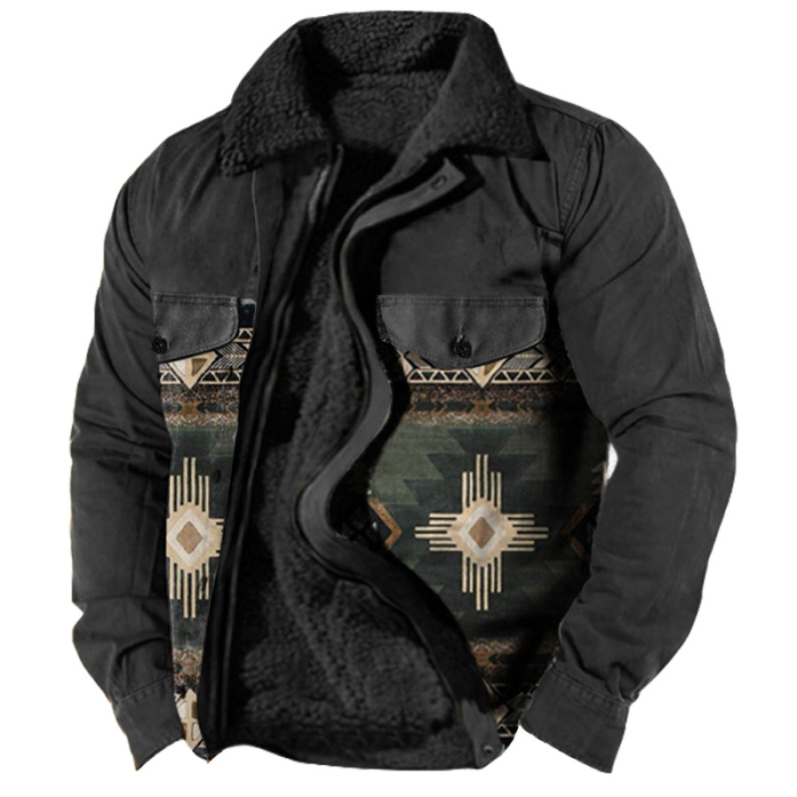 

Men's Retro Pocket Ethnic Print Fleece Zipper Tactical Shirt Jacket