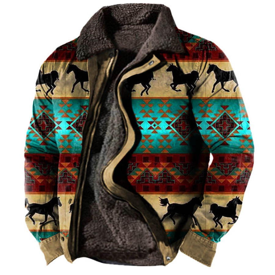 

Men's Vintage Ethnic Geometric Pattern Plus Fleece Warm Thick Jacket