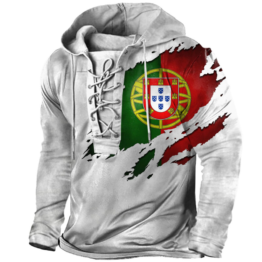 

Men's Outdoor Portuguese Flag Lace-Up Hooded T-Shirt
