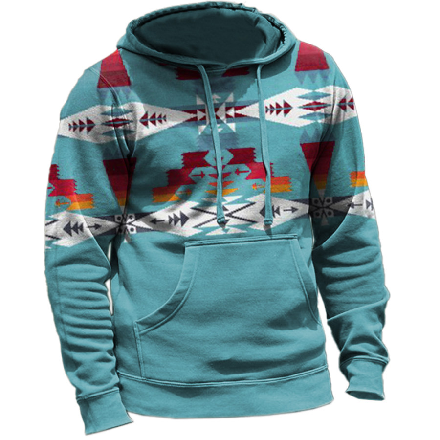 

Men's Vintage Ethnic Print Hooded Pocket Sweatshirt