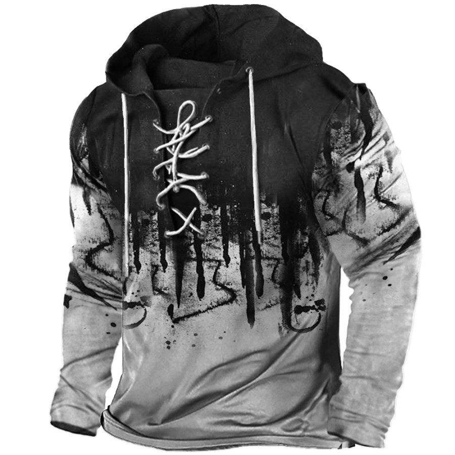 

Men's Outdoor Vintage Splash Ink Print Tie Hooded Long Sleeve T-Shirt