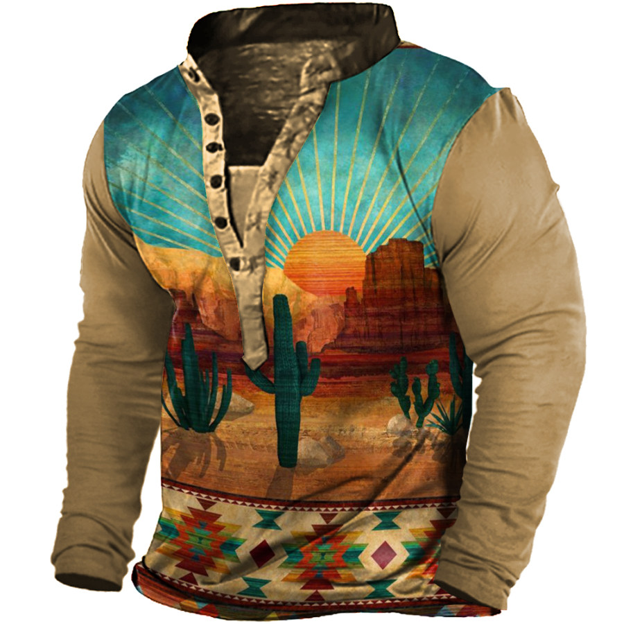 

Men's Vintage Ethnic Print Henley Collar Long Sleeve T-Shirt