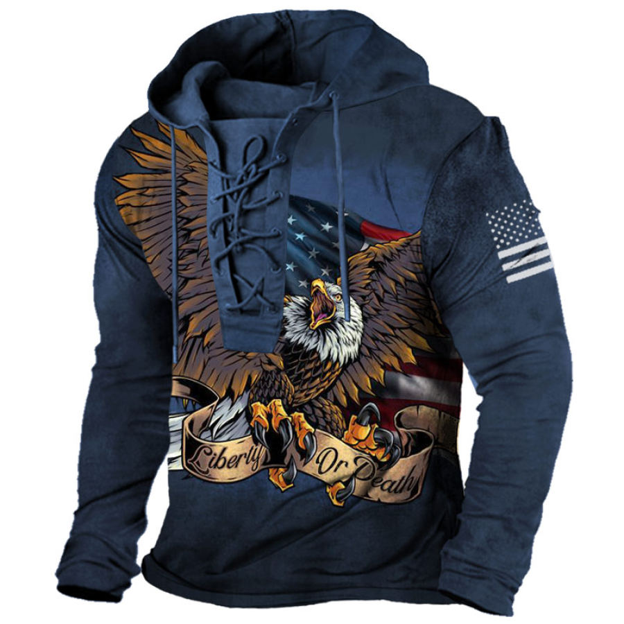 

Men's Vintage American Eagle Flag Print Lace-Up Hoodie T-Shirt
