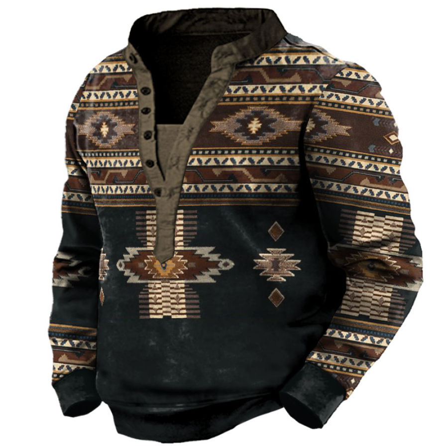 

Men's Vintage Outdoor Ethnic Print Henley Sweatshirt