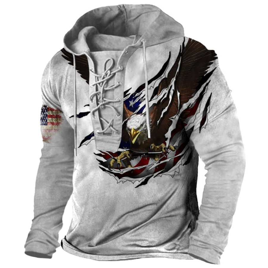 

Men's American Eagle Flag Print Lace-Up Hooded T-Shirt