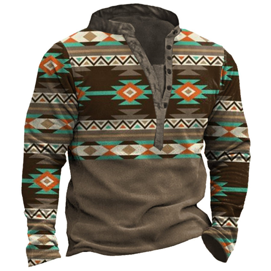 

Men's Vintage Geometric Ethnic Print Henley Sweatshirt