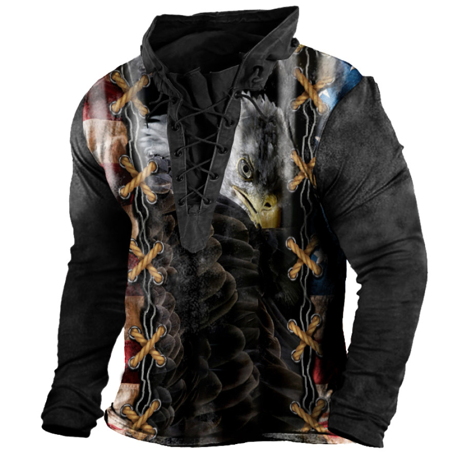 

Men's Casual Patriotic Eagle Print Lace-Up Hooded T-Shirt