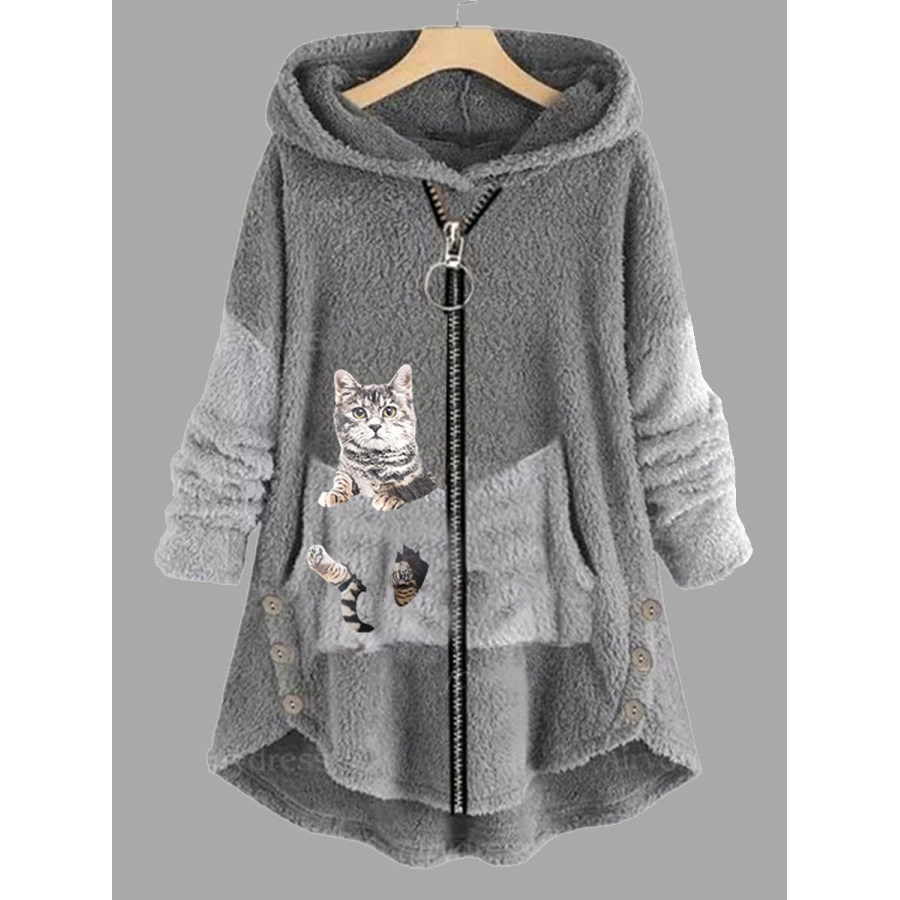 

Manteau Décontracté à Manches Longues Et à Capuche Avec Imprimé Chat