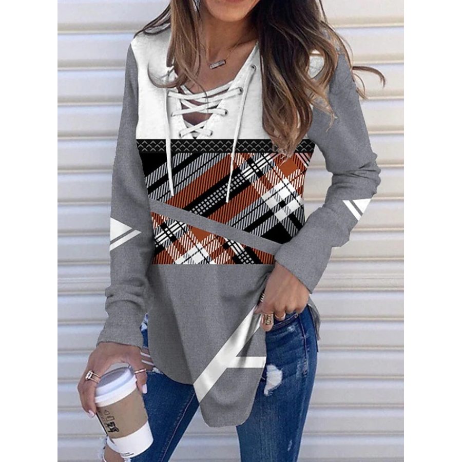 

V-neck Tie Casual Loose Check Print Panel Long Sleeve T-shirt