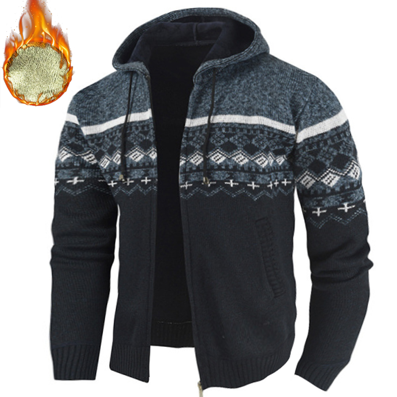 Men's Ethnic Knitted Full Chic Zip Warm Hooded Sweater