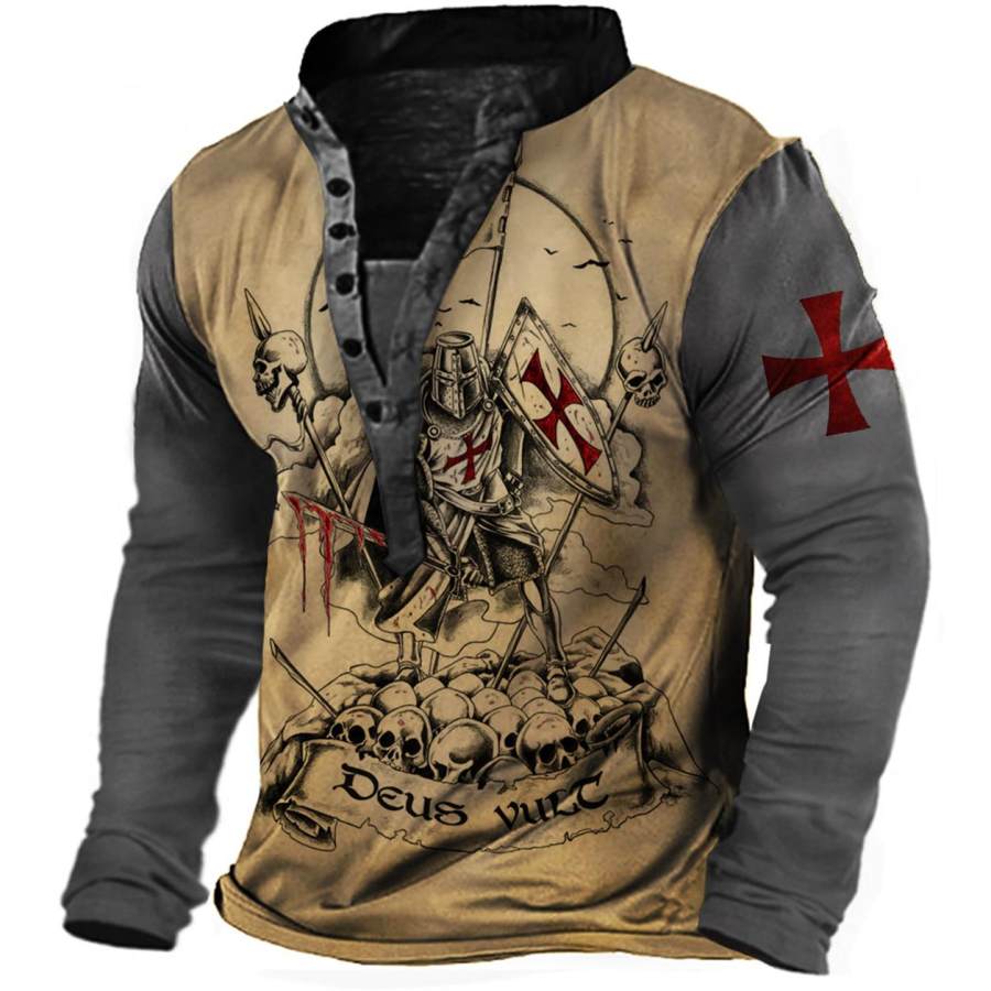 

Men's Vintage Templar Skull Print Henley Long Sleeve T-Shirt