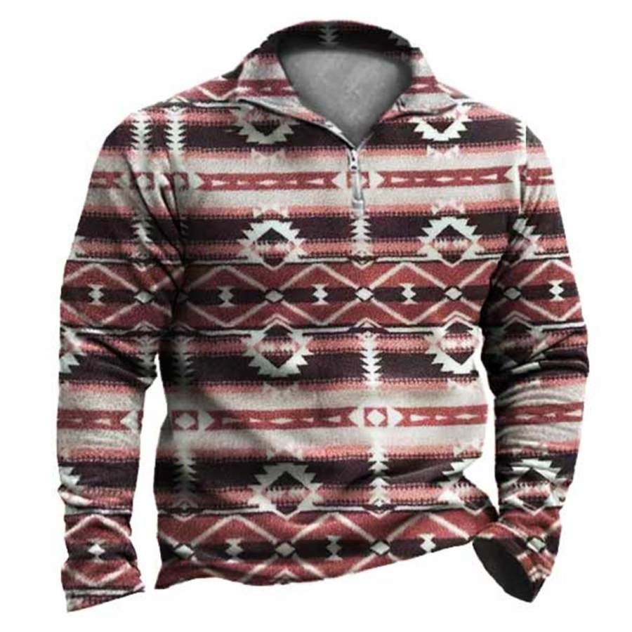 

Men's Vintage Ethnic Geometric Fleece Zipper Sweatshirt