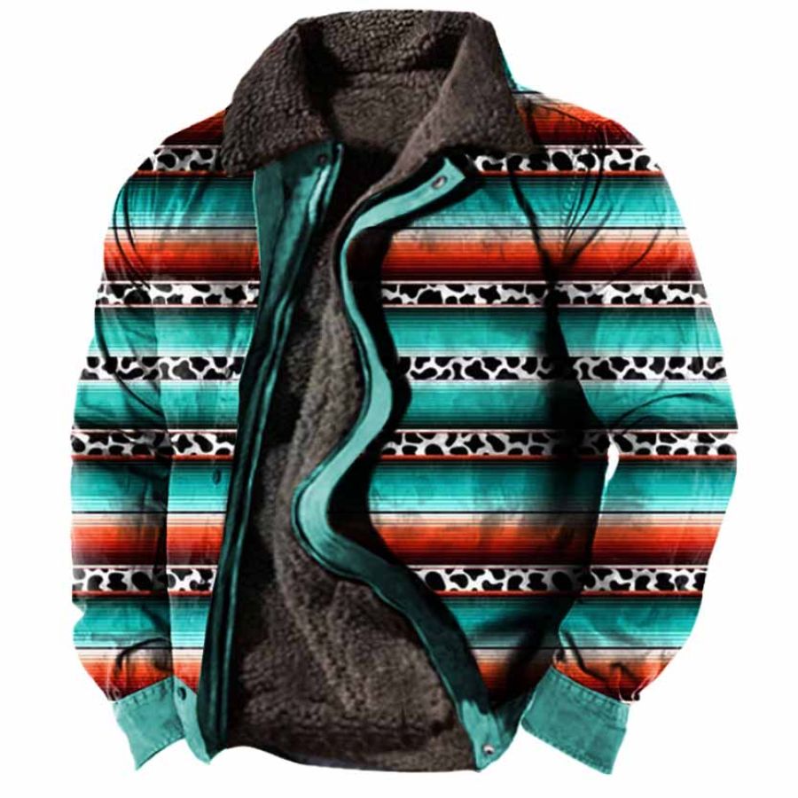 

Men's Vintage Ethnic Stripe Print Plus Fleece Warm Thick Jacket