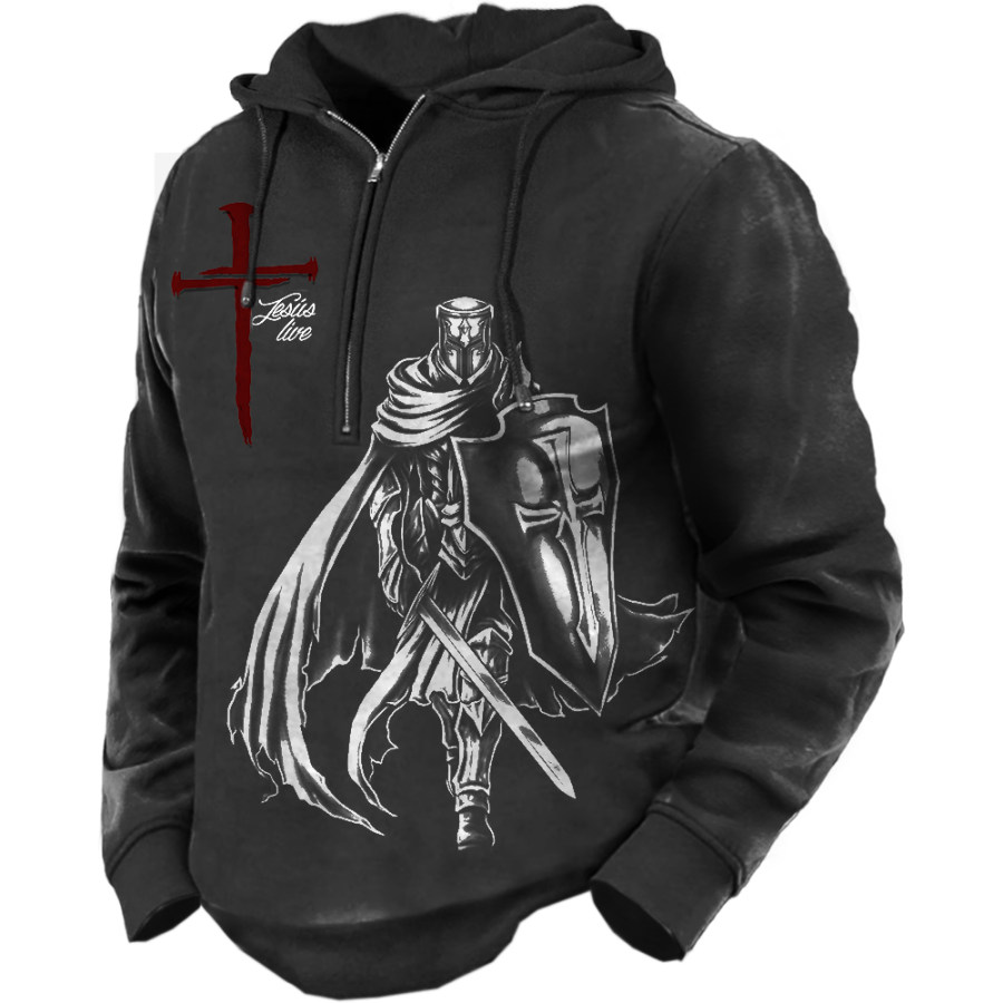 

Men's Outdoor Vintage Templar Cross Print Zip Collar Hooded Sweatshirt