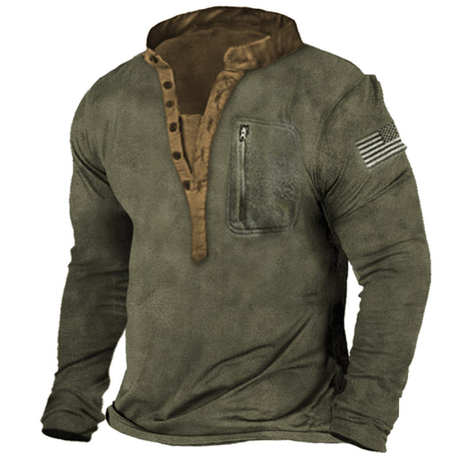 

Men's Vintage Outdoor Tactical Pocket Fleece Warm Henley T-Shirt