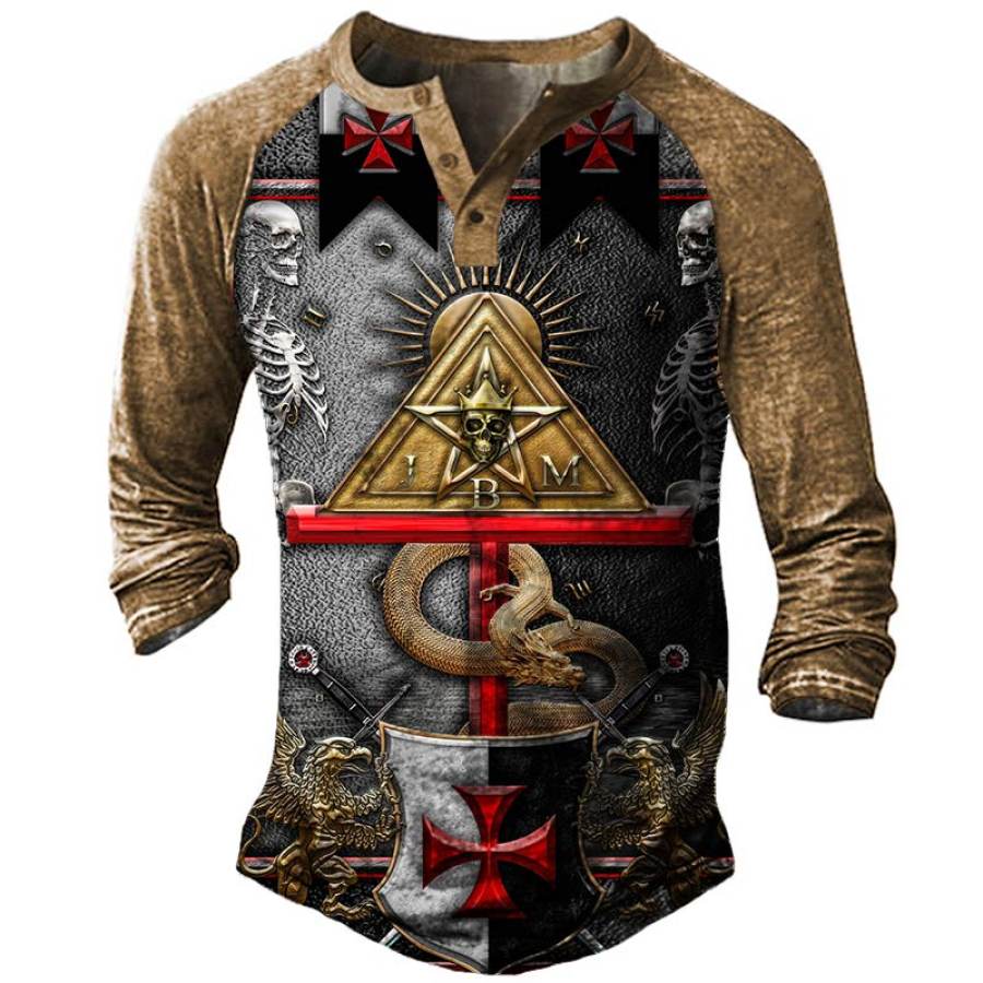 

Men's Vintage Templar Skull Print Henry T-Shirt