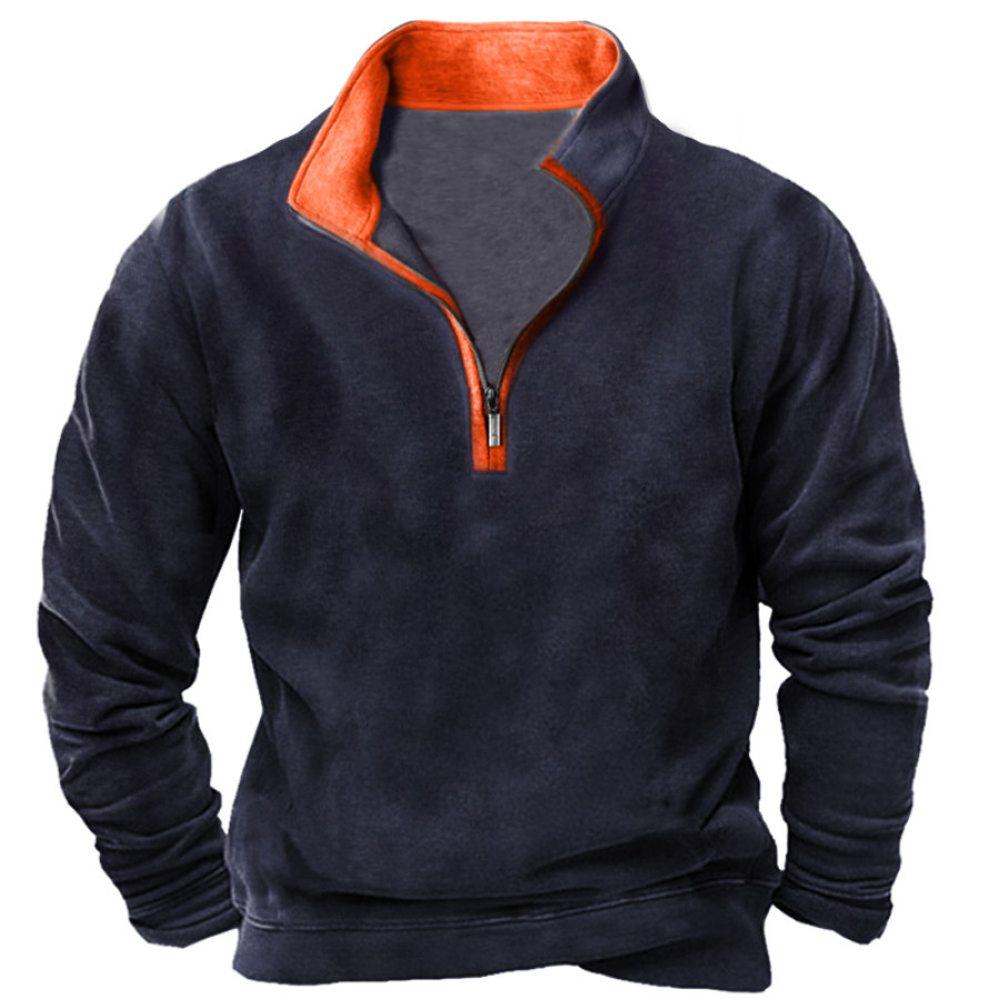 

Men's Zip Collar Patchwork Thermal Sweatshirt