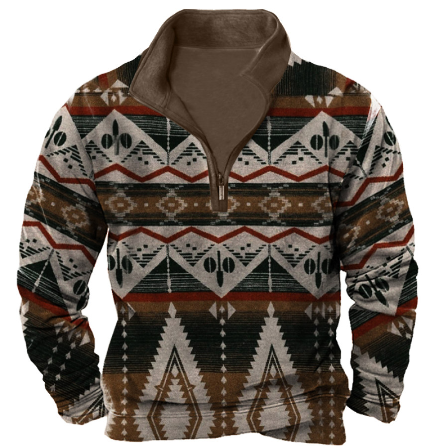 

Men's Zip Collar Ethnic Geometric Print Sweatshirt