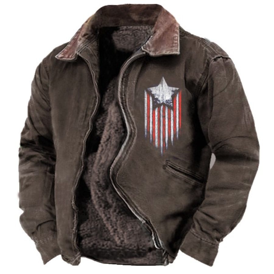 

Men's Vintage Star Print Plush Lined Jacket With Zip Pockets