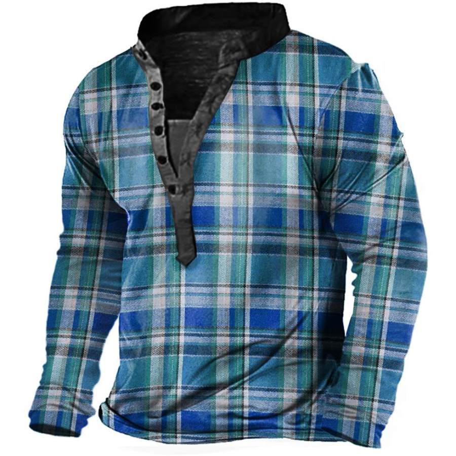 

Men's Vintage Plaid Print Henley Long Sleeve T-Shirt