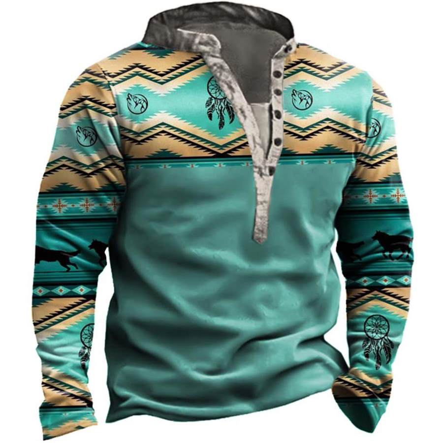 

Men's Vintage Ethnic Print Henley Sweatshirt