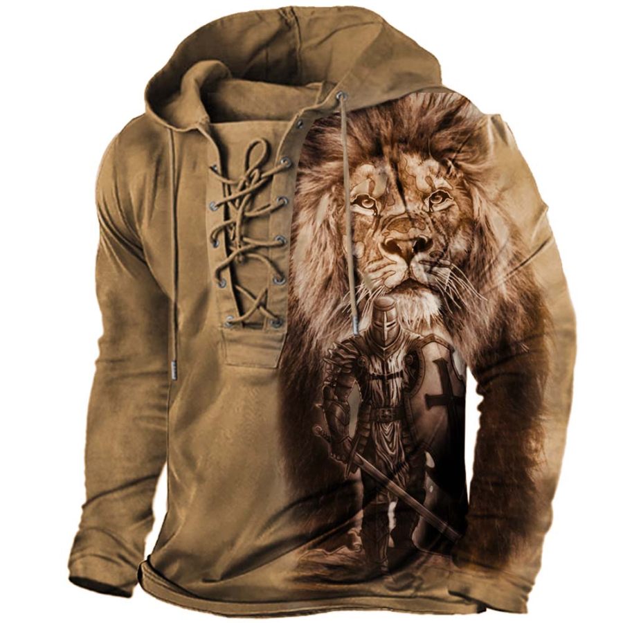 

Men's Vintage Templar Lion Lace-Up Hooded T-Shirt