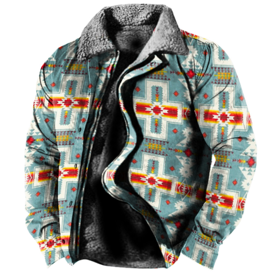 

Men's Vintage Ethnic Print Lining Plus Fleece Zipper Tactical Shirt Jacket