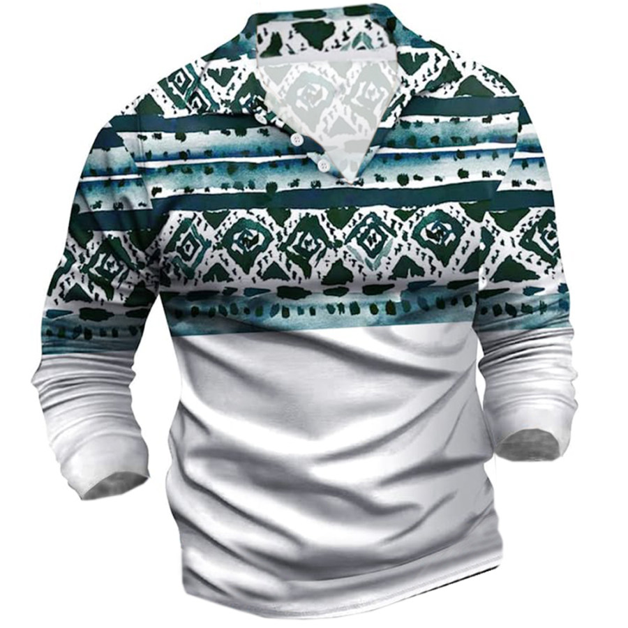 

Men's Vintage Ethnic Print Polo Neck Long Sleeve Top