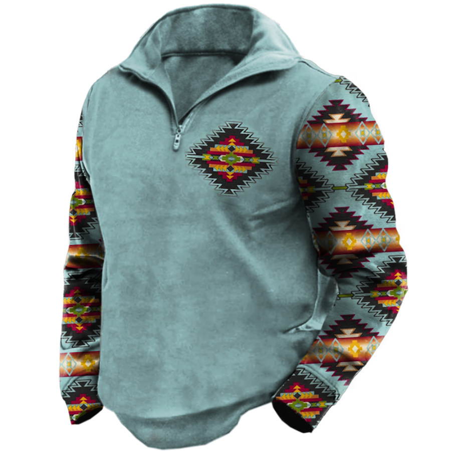 

Men's Outdoor Ethnic Print Zip Polo Collar Sweatshirt
