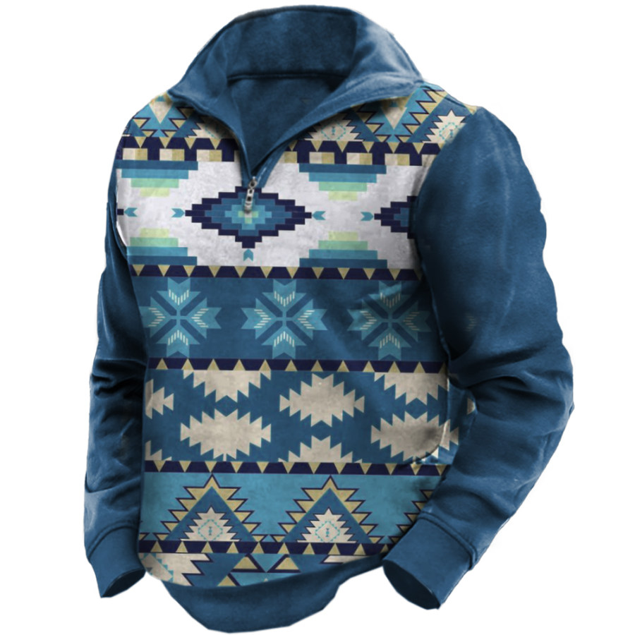 

Men's Outdoor Ethnic Print Zip Polo Collar Sweatshirt