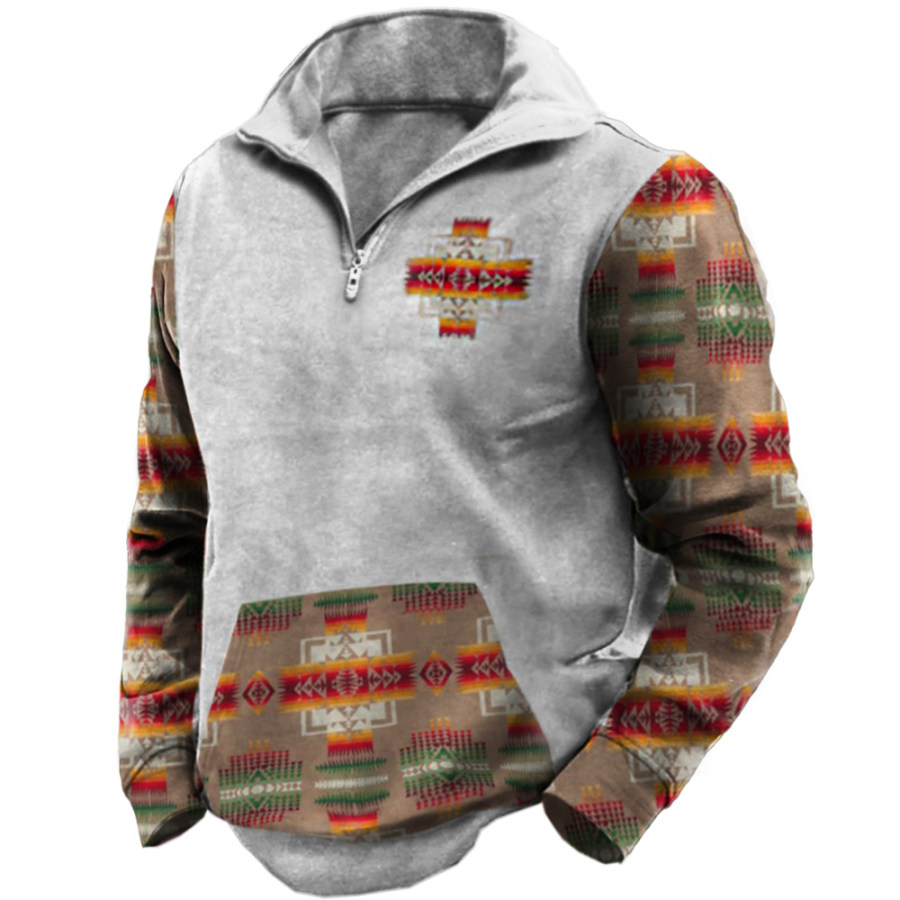 

Men's Vintage Ethnic Print Zip Stand Collar Sweatshirt