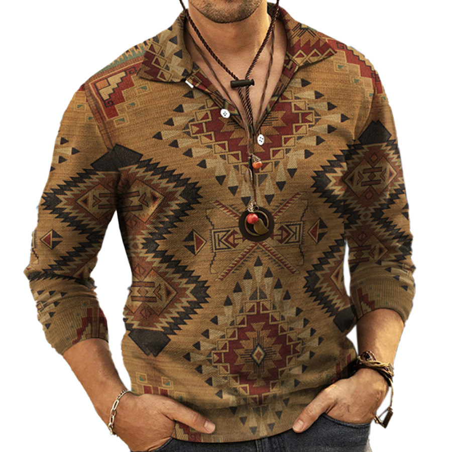 

Men's Vintage Ethnic Print Polo Neck Long Sleeve Top