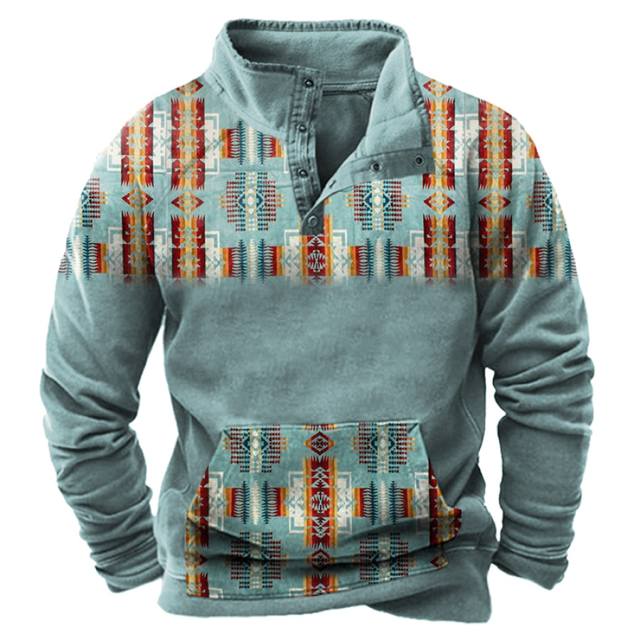 

Men's Vintage Ethnic Print Pocket Zip Sweatshirt