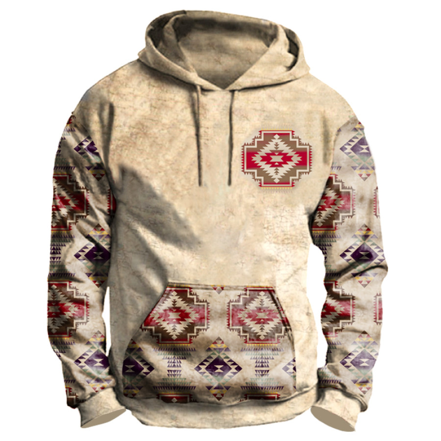 

Men's Vintage Ethnic Print Pocket Zip Hoodie
