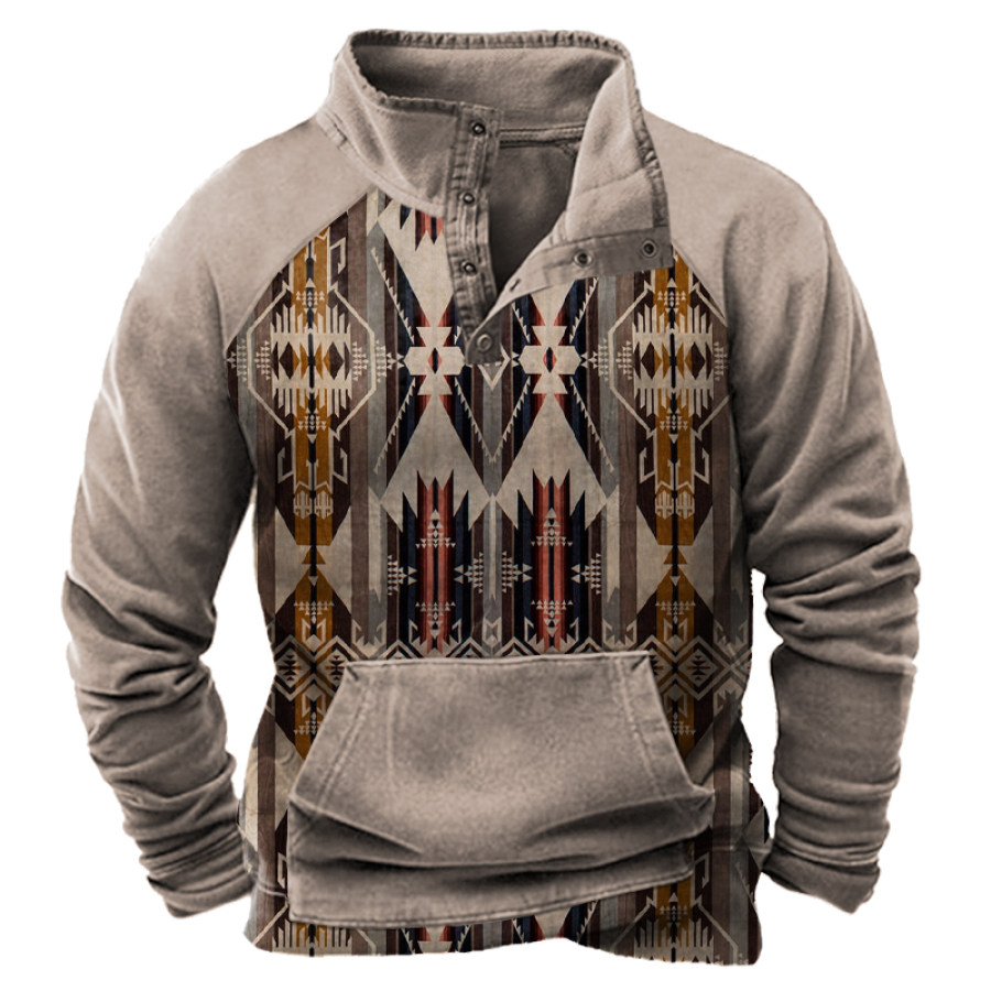 

Men's Vintage Ethnic Print Pocket Zip Sweatshirt