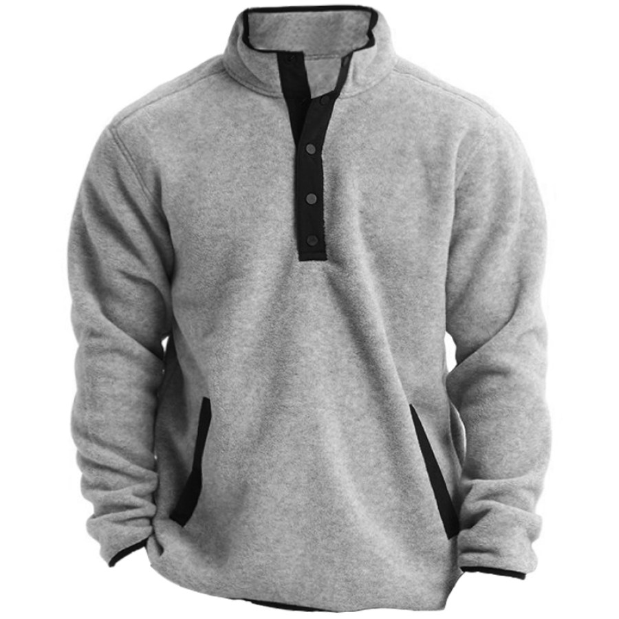 

Men's Fleece Thermal Patchwork Pockets Henry Collar Sweatshirt