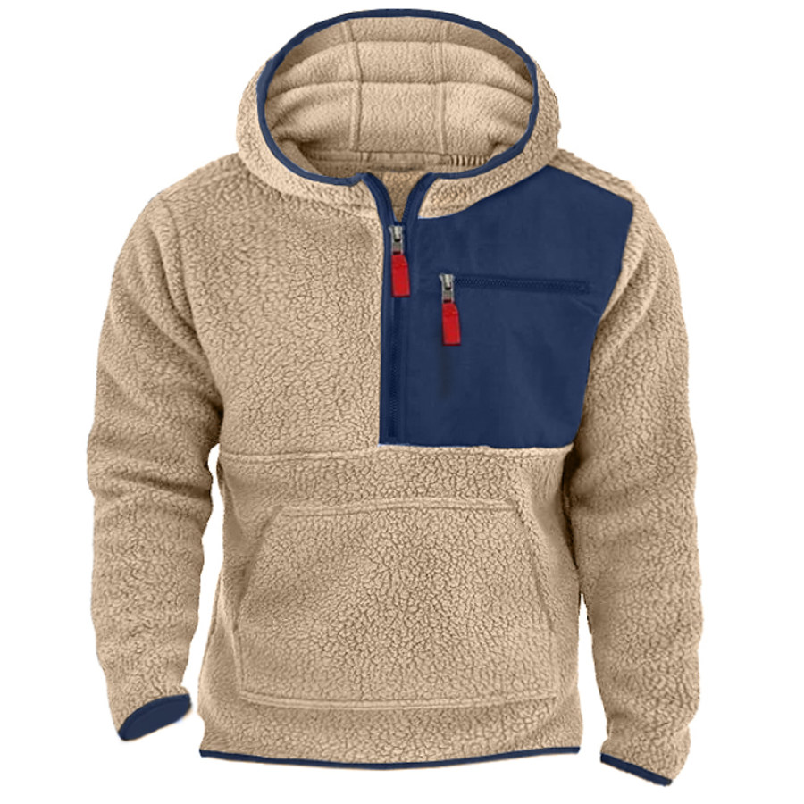 

Men's Fleece Thermal Patchwork Zip Pocket Henry Collar Hoodie