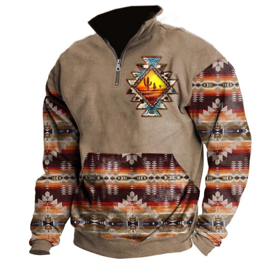 

Men's Vintage Western Ethnic Print Zipper Sweatshirt