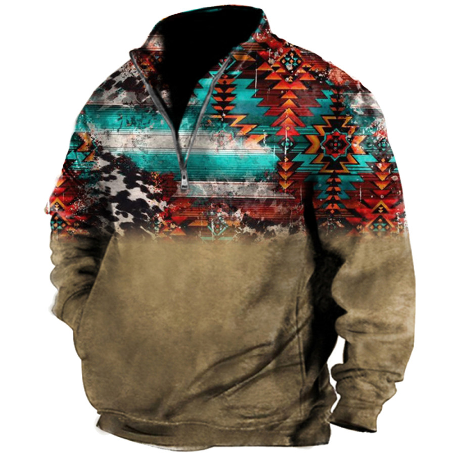 

Men's Vintage Ethnic Print Zip Up Collar Pocket Sweatshirt