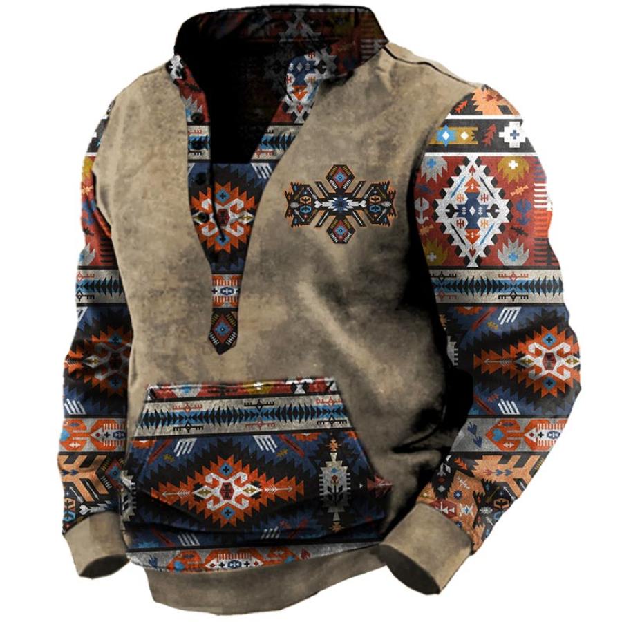 

Men's Vintage Outdoor Ethnic Print Pocket Henley Sweatshirt