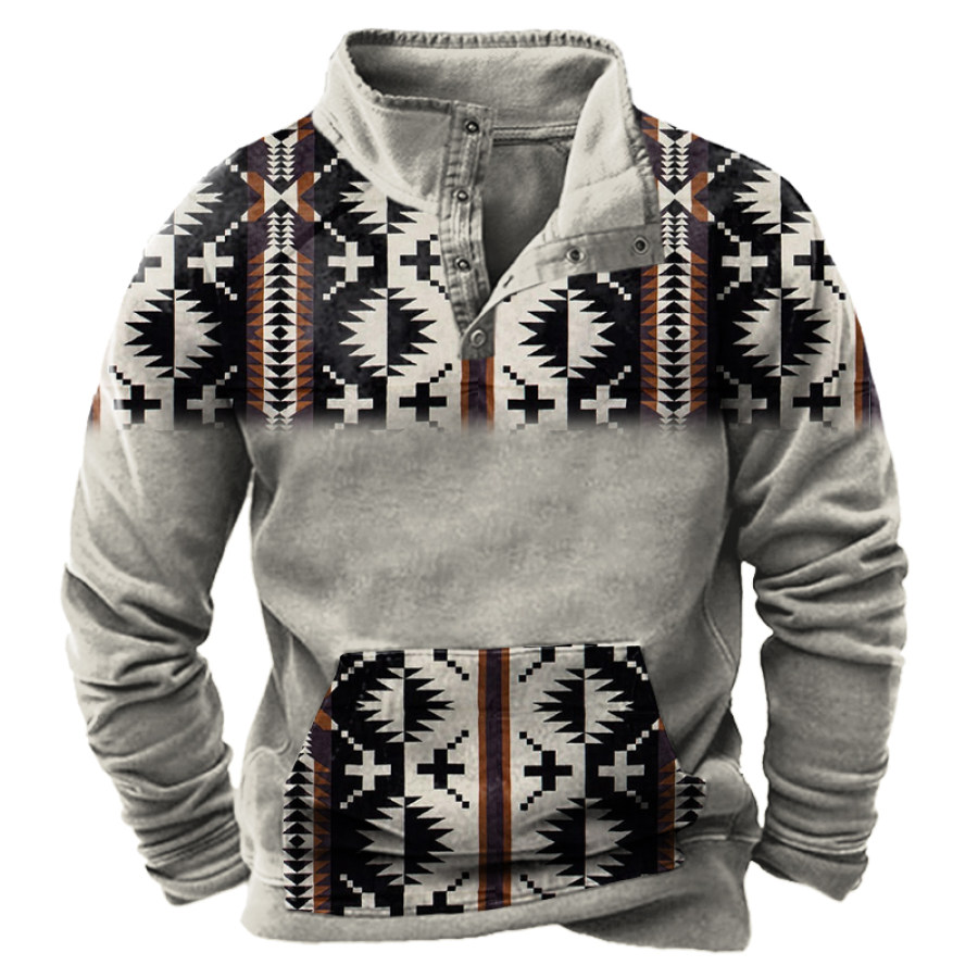 

Men's Vintage Ethnic Print Pocket Zip Sweatshirt