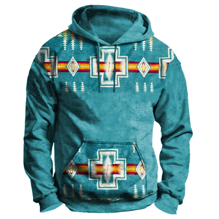 

Men's Vintage Ethnic Print Pocket Hoodie