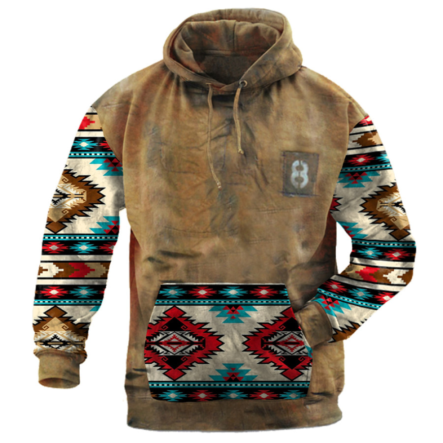 

Men's Vintage Ethnic Print Pocket Hoodie