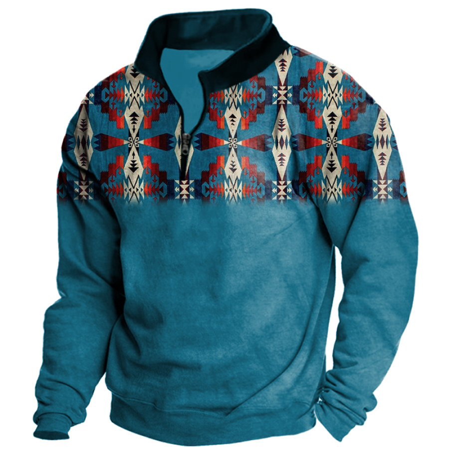 

Men's Vintage Ethnic Print Zip Sweatshirt