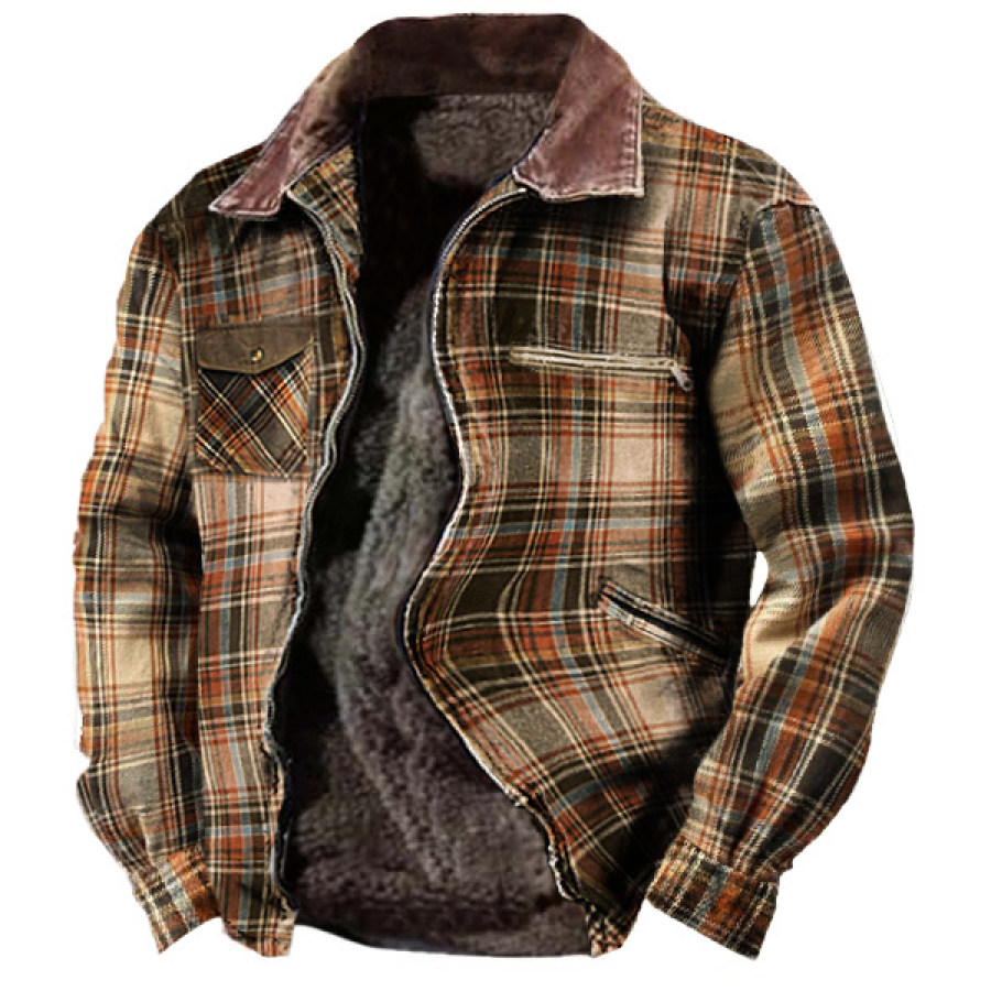 

Men's Outdoor Plaid Print Zip Pocket Vintage Biker Jacket
